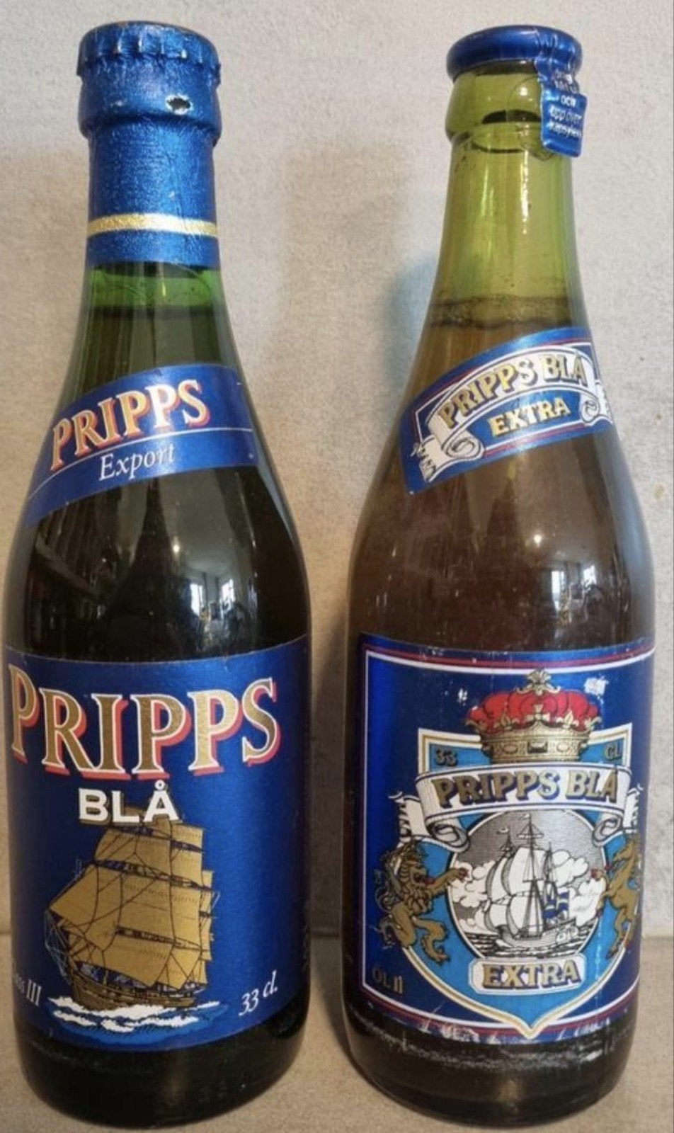 2 vintage Pripps Blå – Zweden – Export '91 & Extra '72, Ophalen of Verzenden, Zo goed als nieuw, Flesje(s), Overige merken