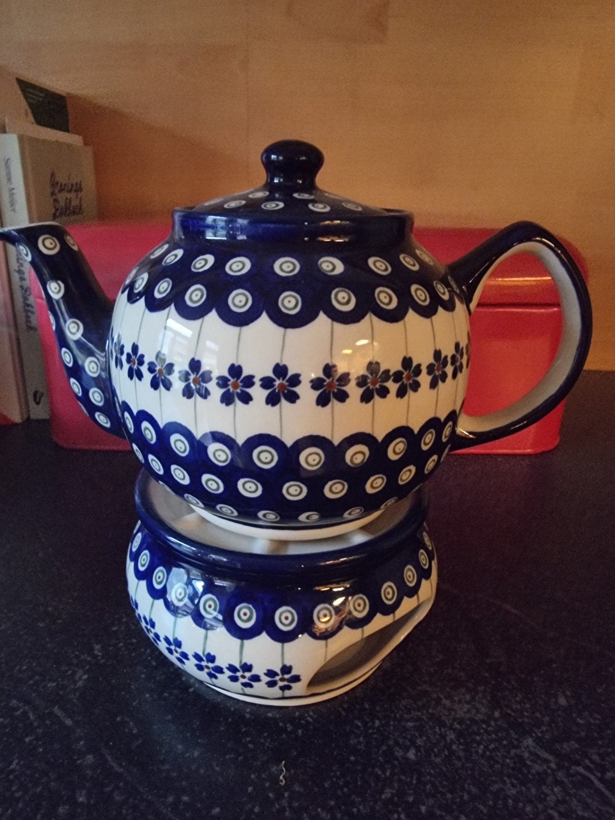 Theepot 1 liter met warmhouder - Pools aardewerk, Theepot/fluitketel, Blauw, Verzenden, Zo goed als nieuw