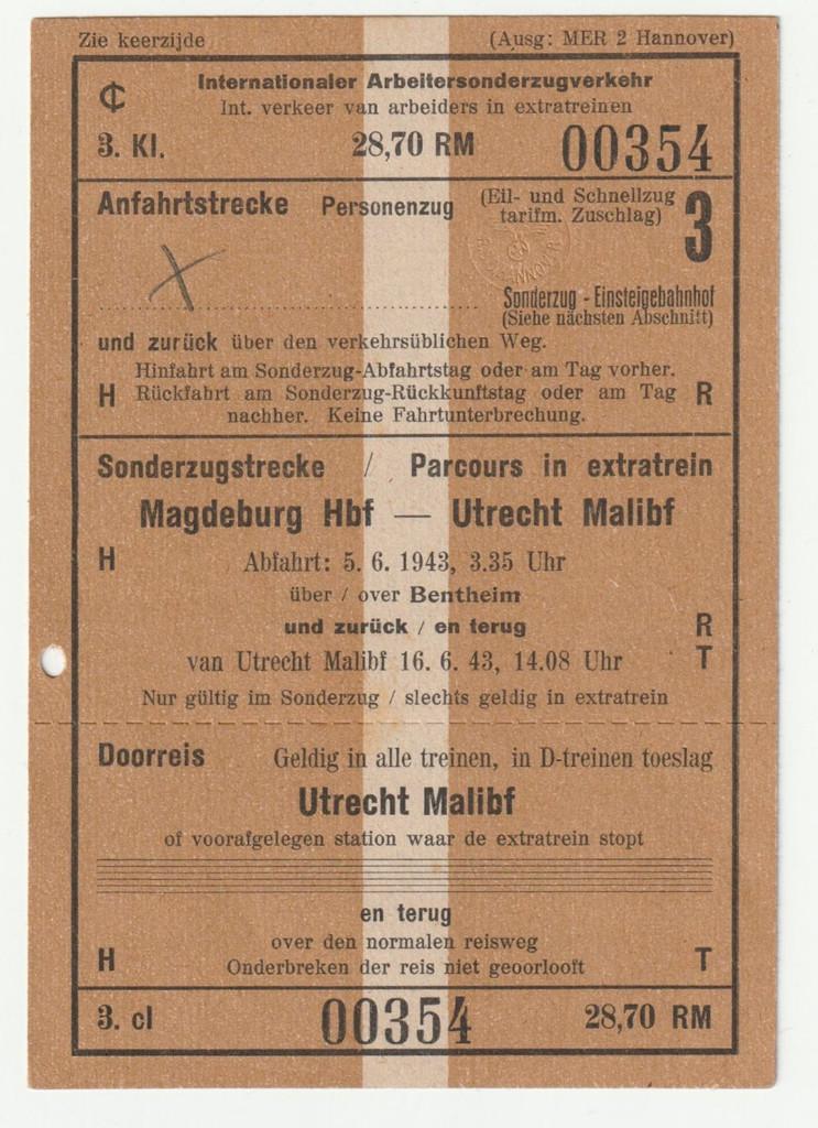 Treinkaartje Magdenburg Utrecht tewerkstelling ? 1943, Verzenden, Overige typen, Overige soorten, X