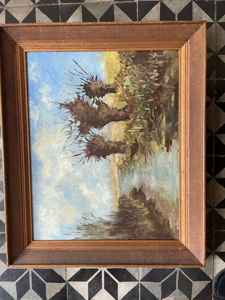 Schilderij: Landschap met knotwilgen aan het water, Antiek en Kunst, Ophalen of Verzenden