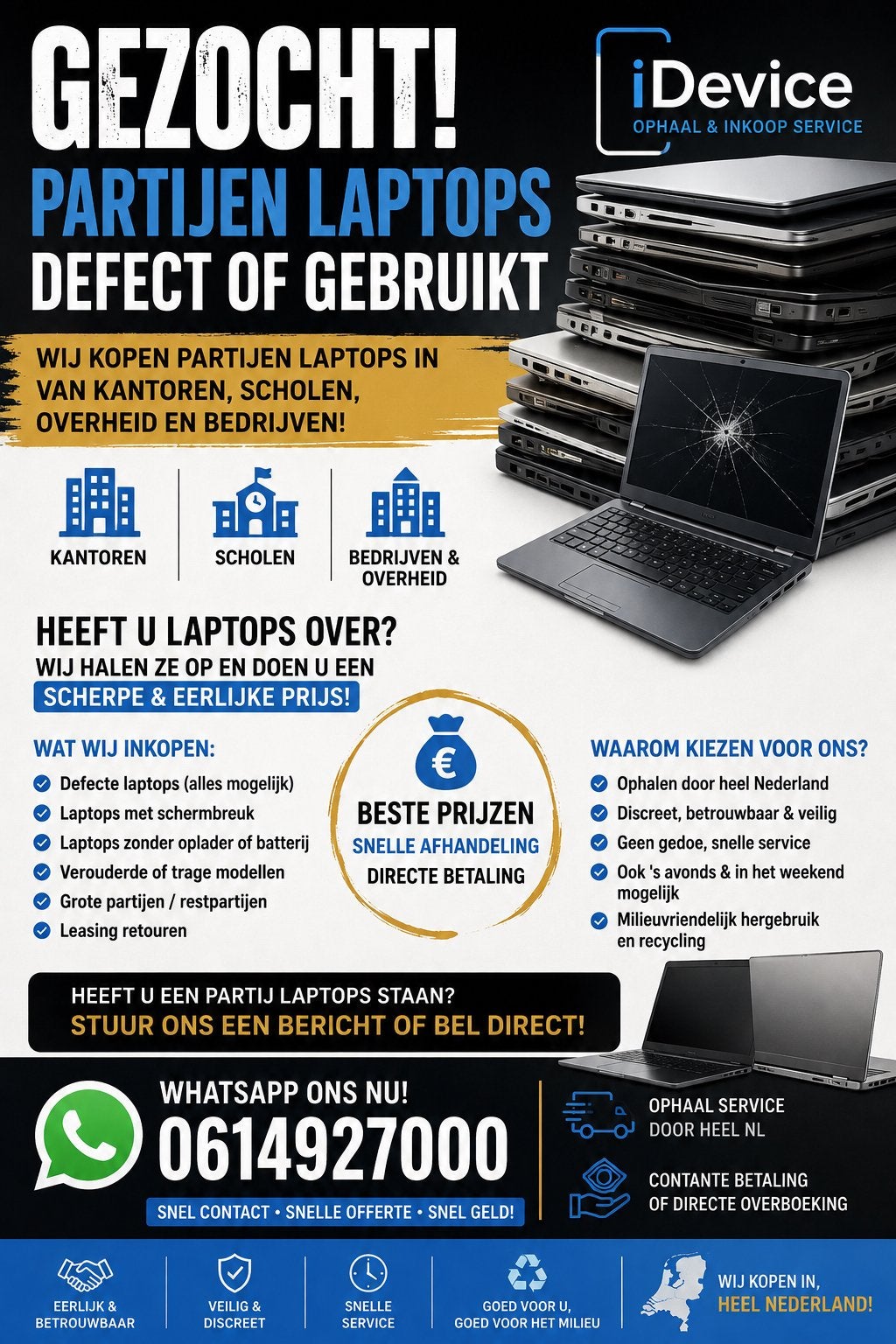 Gezocht: Partijen Laptops - Defect of Gebruikt, Computers en Software, Windows Laptops, Ophalen of Verzenden, Niet werkend