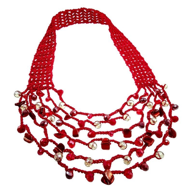 Exclusieve Rode Gehaakte Damesketting + Natuursteen, Kristal, Overige materialen, Birgitta-Gracht 33, 6465 EL Kerkrade, Nederland