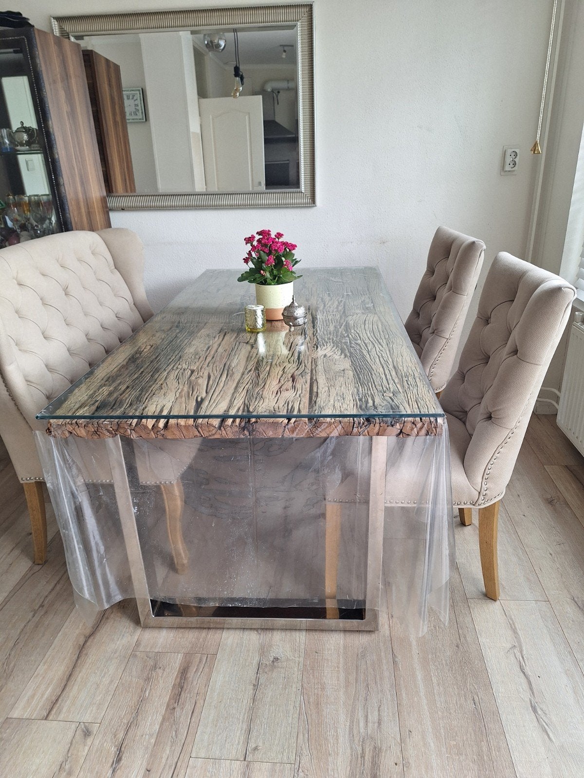 cream kleur bank + eet bijzettafels+salon bijzettafels, Tuin en Terras, Ophalen, 4 zitplaatsen, Zo goed als nieuw, Loungeset