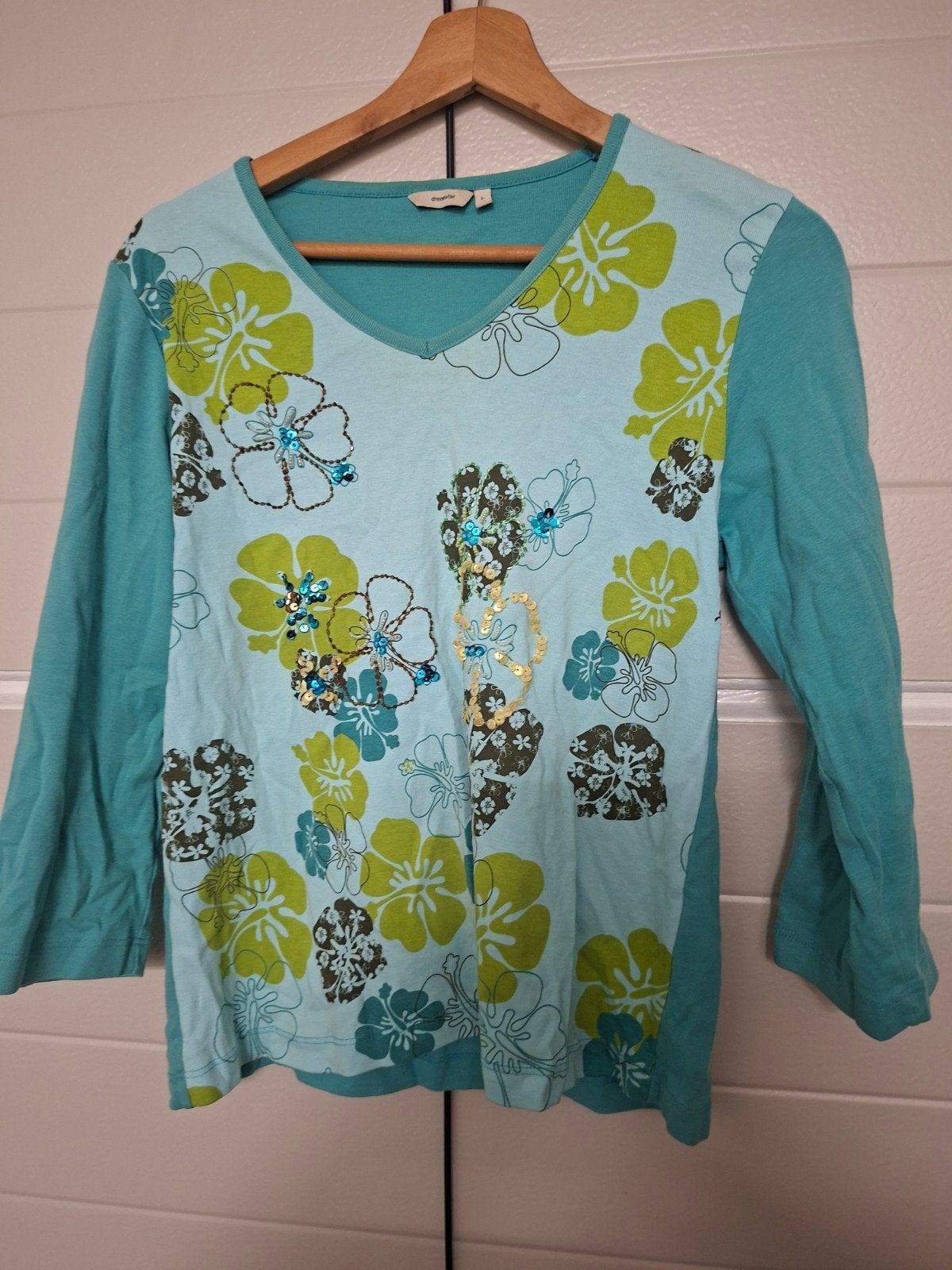 Dreamstar shirt met bloemenprint en pailletten - Maat L, Dreamstar, Blauw, Maat 42/44 (L), Ophalen of Verzenden