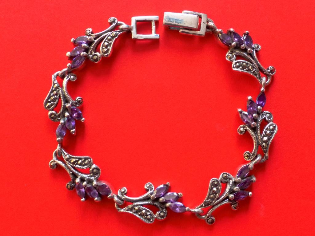 Prachtige Zilveren Armband met Amethist en Markasietjes, Sieraden, Tassen en Uiterlijk, Antieke sieraden, Verzenden, Zilver, Armband