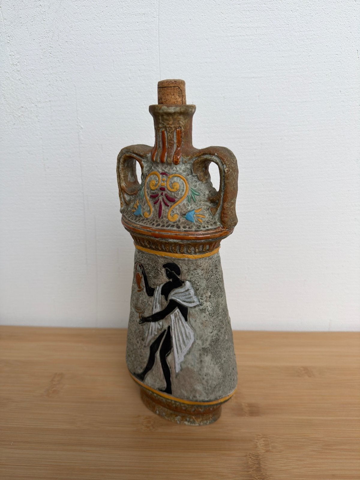 Vintage amfoor, decoratieve fles met klassieke figuur + kurk, Ophalen
