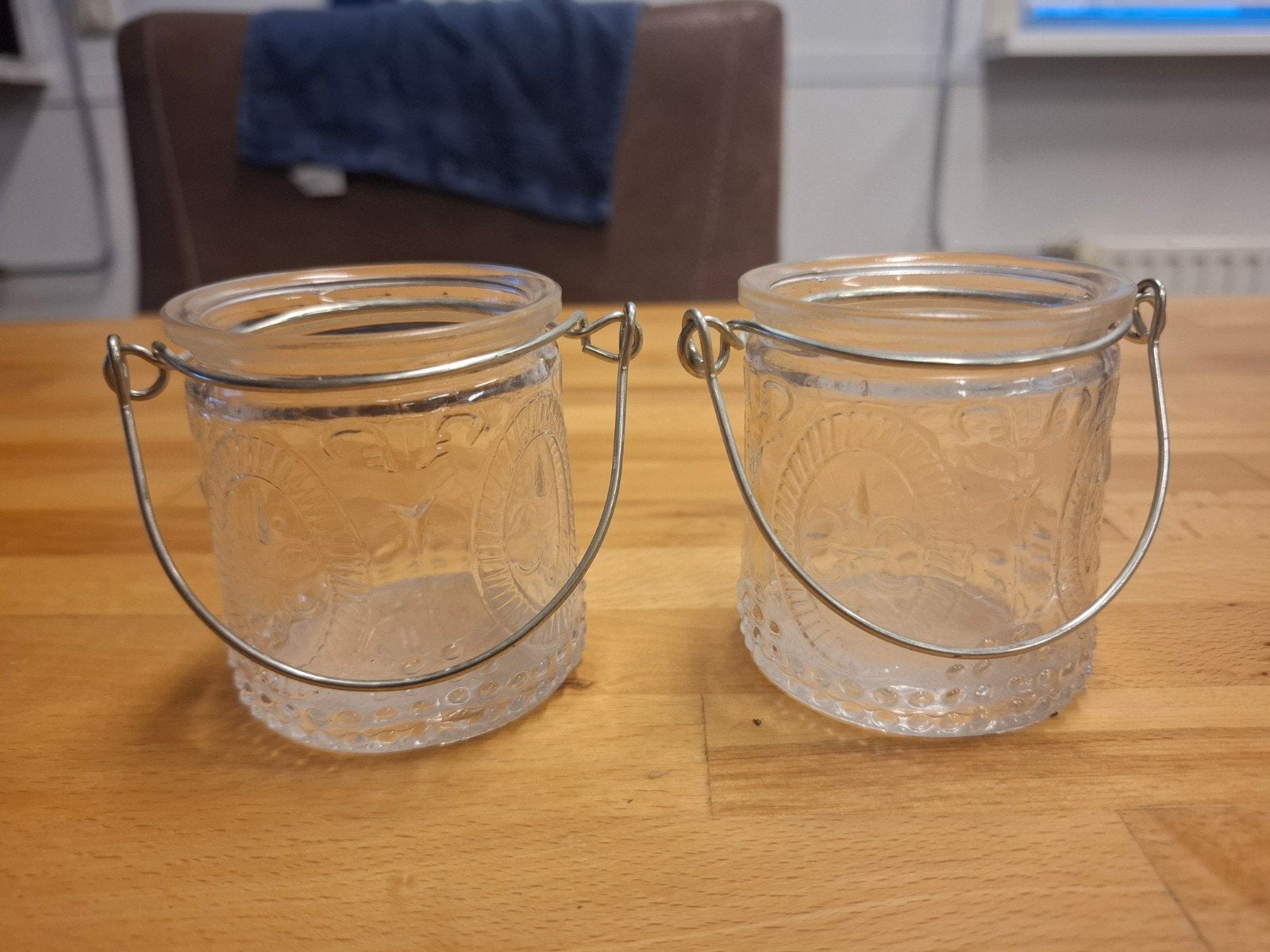 Set van 2 glazen waxinelichthouders met handvat, Huis en Inrichting, Woonaccessoires | Kandelaars en Kaarsen, Ophalen of Verzenden