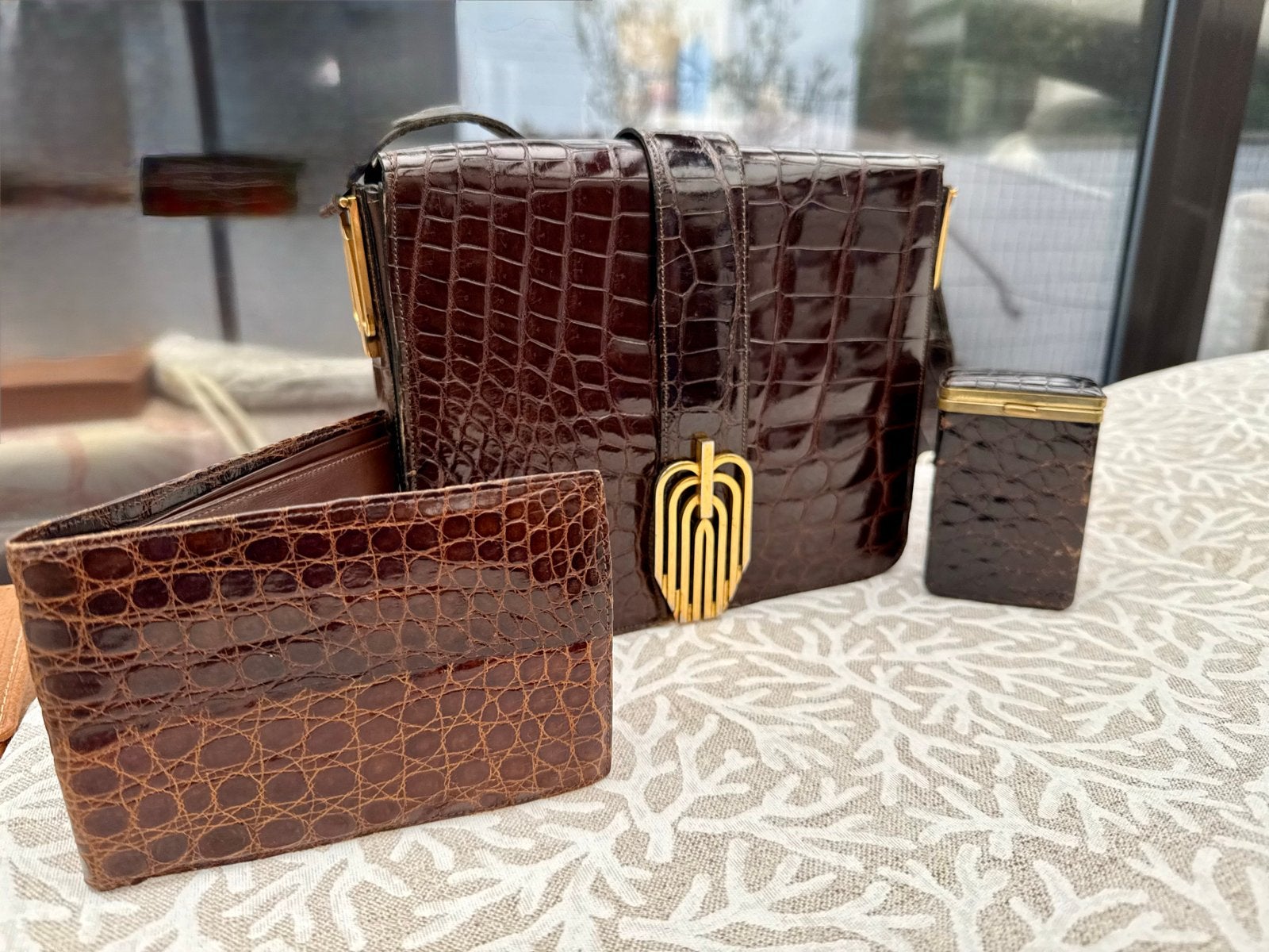 Vintage Set: Handtas, Portefeuille & Opbergdoosje Leer, Ophalen of Verzenden, Gebruikt, Bruin, Handtas