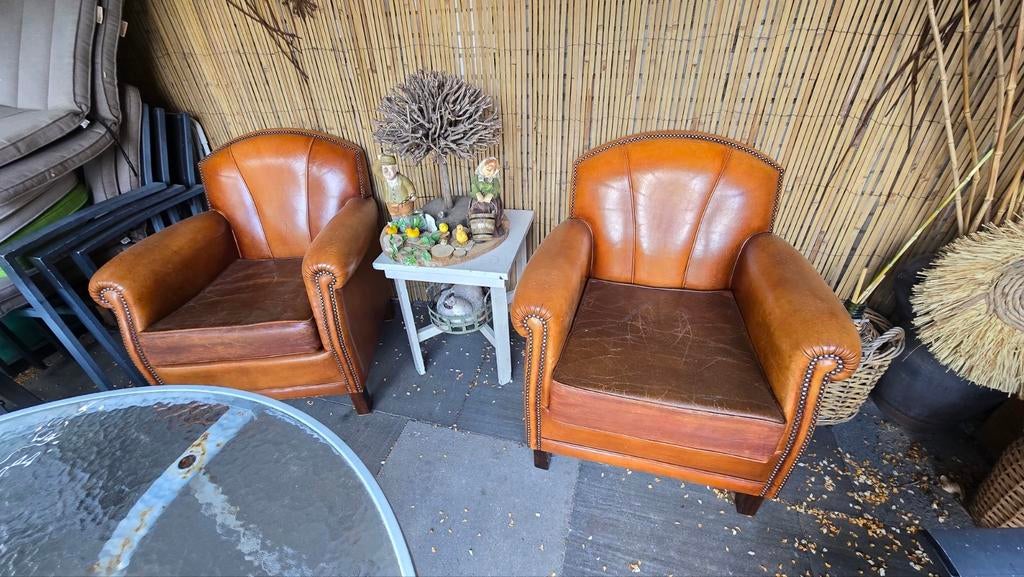 Prachtige Set Vintage 'Moustache' Clubfauteuils – Cognac Lee, Ophalen of Verzenden