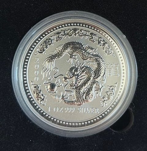 1 ounce zilver Lunar 1 Year of the Dragon 2000 in capsule, Ophalen of Verzenden, Zilver