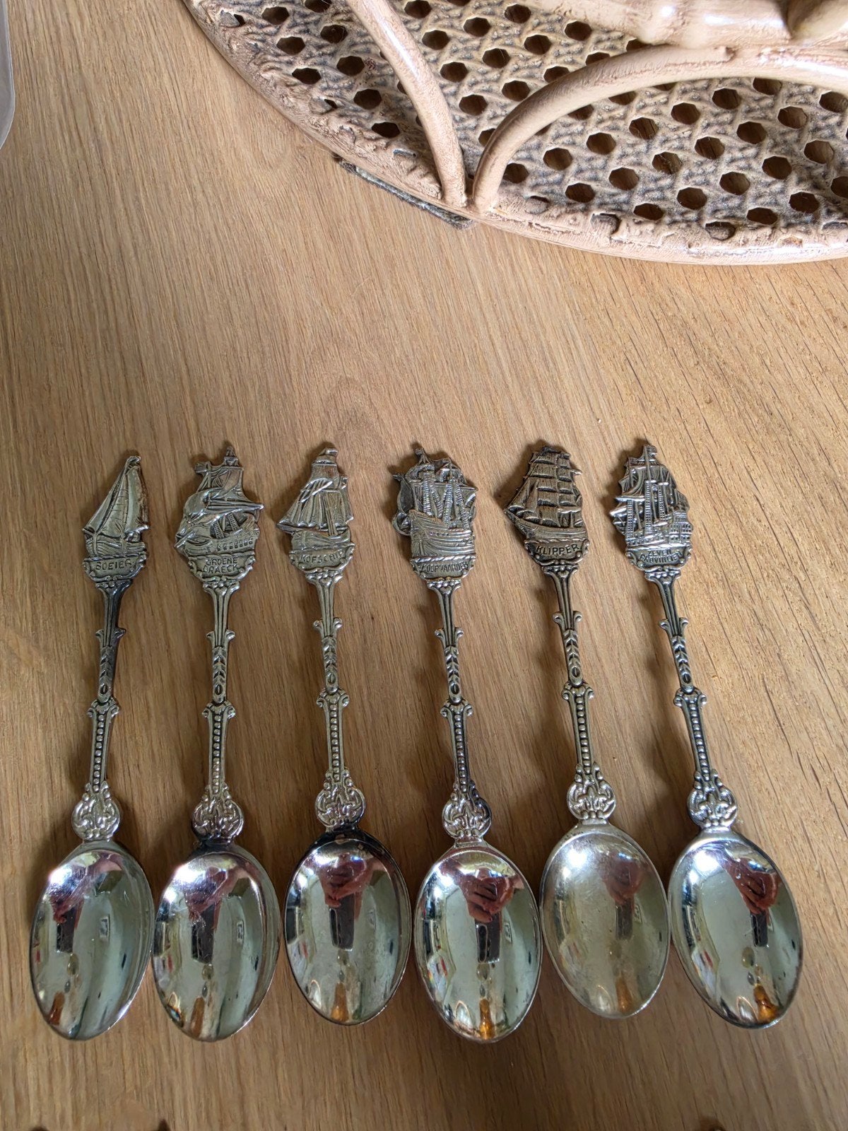 Set van 6 verzilverde theelepels met scheepsdecoratie, Antiek en Kunst, Ophalen of Verzenden