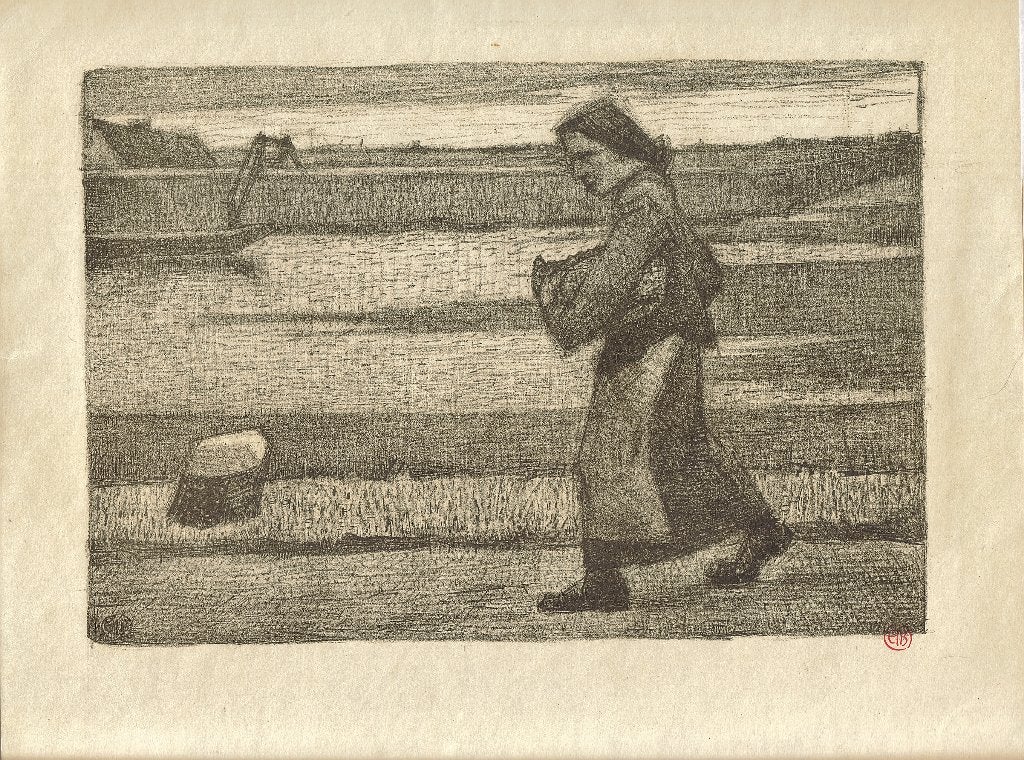 Chris Beekman litho "Vrouw die Over Dijk Loopt", ca. 1917, Ophalen, Portret en Figuren, Lithografie, Origineel