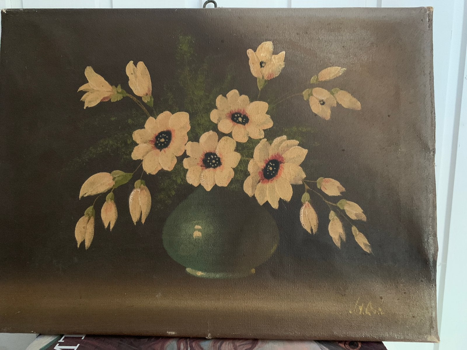 Vintage bloemenstilleven olieverfschilderij, Doek, Stilleven, Ophalen of Verzenden, Gesigneerd