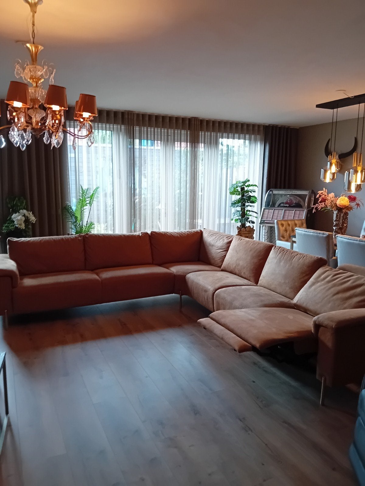 Bankstel groot echt nubuck leer caramelkleur, Ophalen, Zo goed als nieuw, Leer