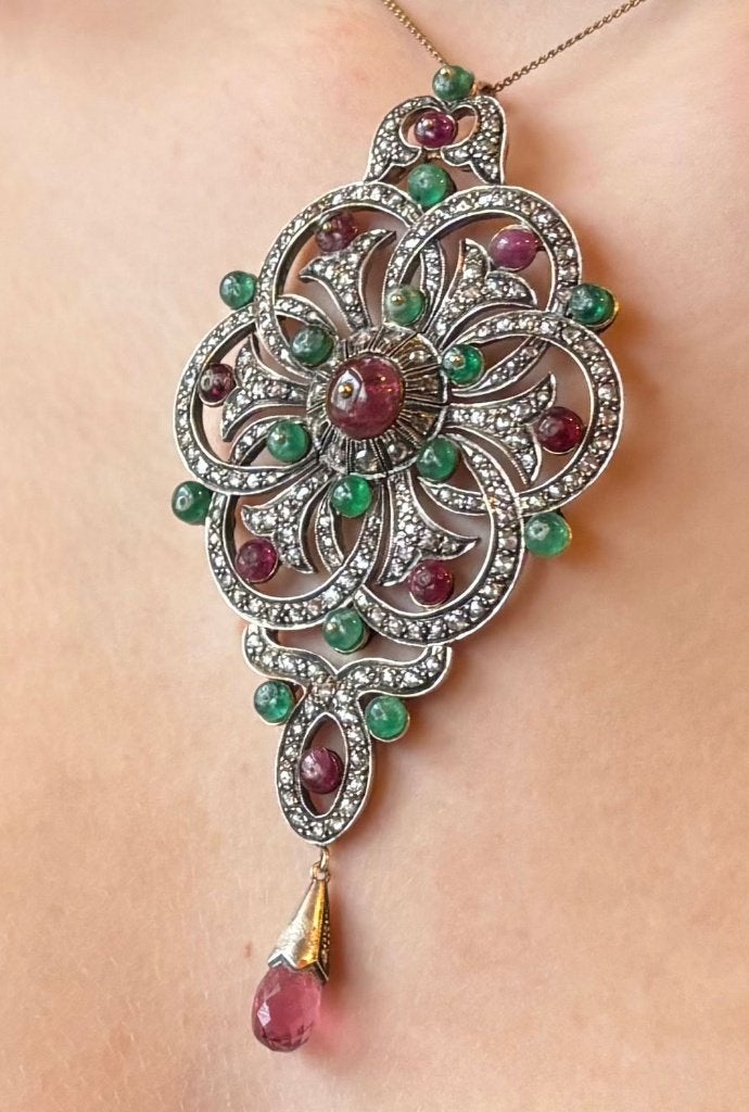 Zeldzame diamanten robijn smaragd 14k hanger goud antiek, Ophalen of Verzenden, Goud, Hanger, Met edelsteen