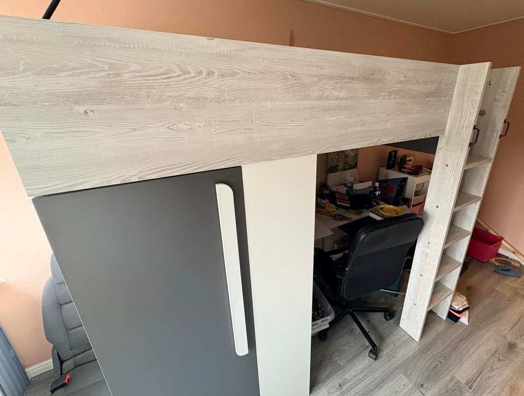 Hoogslaper grijs (incl. bureau en kast), Ophalen of Verzenden, Zo goed als nieuw, Hoogslaper
