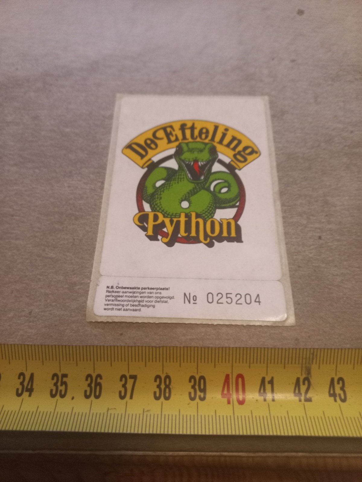Efteling Python parkeerkaartje - sticker Vintage, Verzamelen, Efteling, Ophalen of Verzenden, Gebruikt, Overige typen