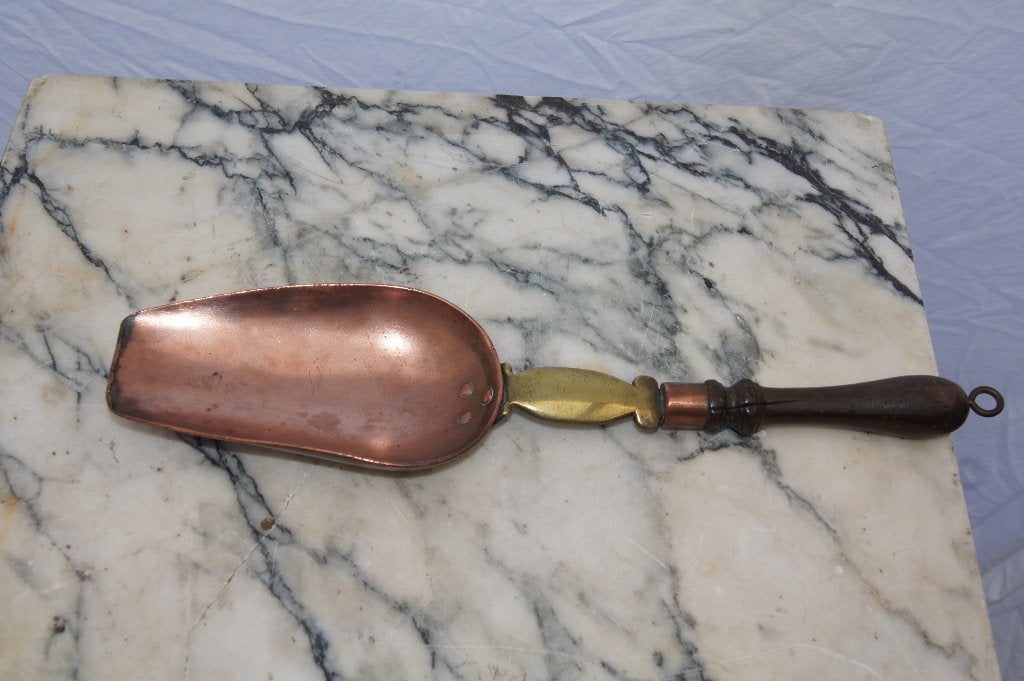 Antieke koperen schep met houten handvat, Antiek en Kunst, Ophalen