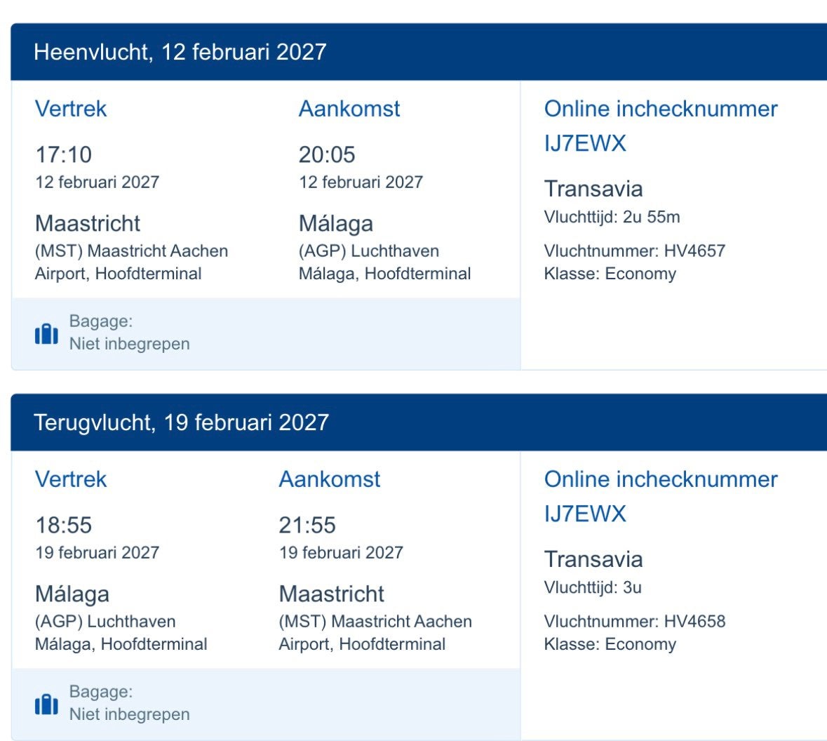 2x vliegticket Maastricht-Malagá (feb), Twee personen, Vliegtuig, Met bestemming of datum