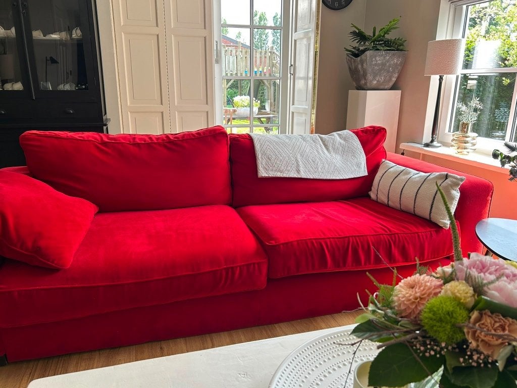 Rood bankstel 2-zits + 3-zits, Ophalen, Gebruikt, 75 tot 100 cm, Rechte bank