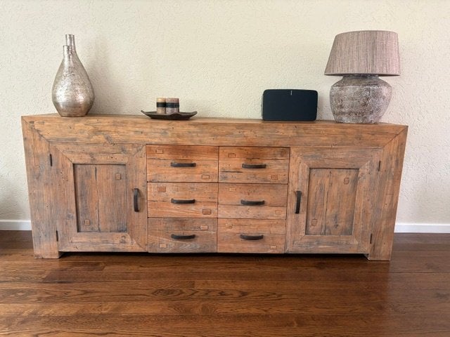 Robuust dressoir met 2 deuren en 6 lades - 220x46x85.5 cm, Ophalen, Gebruikt, Teakhout, 200 cm of meer