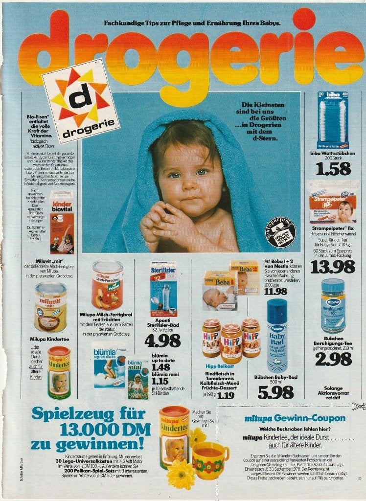 Retro reclame 1978 Drogist met Strampelpeter baby luiers, Verzamelen, Retro, Verzenden, Overige typen