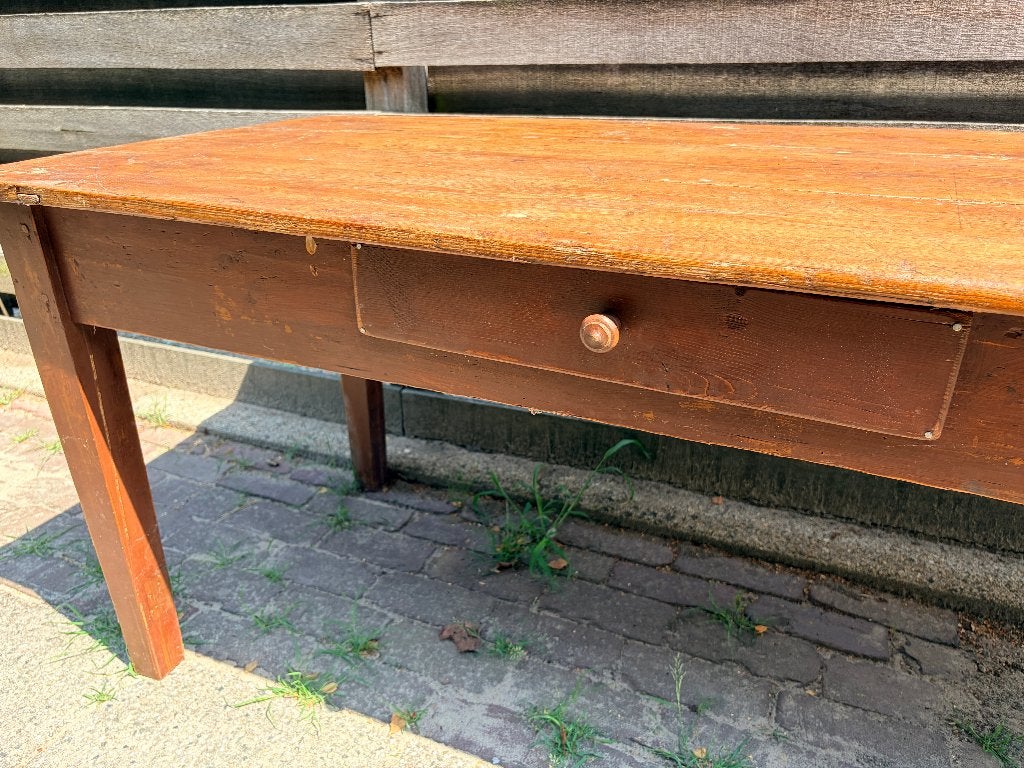 Antieke landelijke werktafel / grote sidetable – 196 cm, Huis en Inrichting, Ophalen, Gebruikt, 150 tot 200 cm, Rechthoekig
