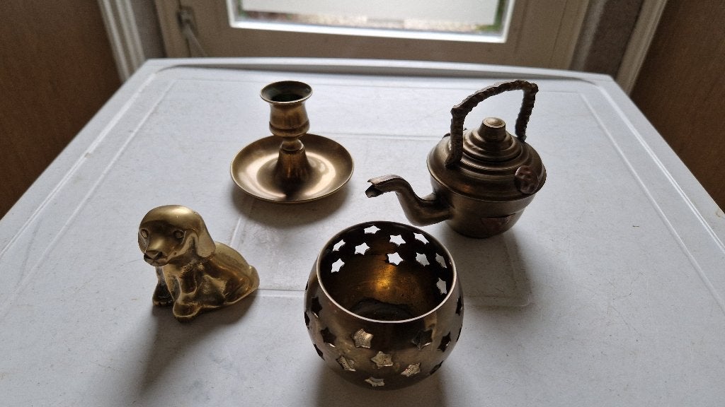 oude koperen decoratie hondje-keteltje-kandelaar, Antiek en Kunst, Ophalen of Verzenden, Koper