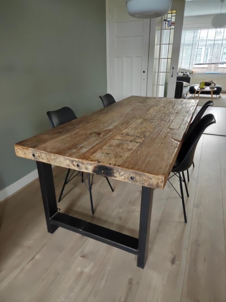 Oude eikenhouten tafel 225x95, Ophalen, Gebruikt, Eikenhout, 200 cm of meer