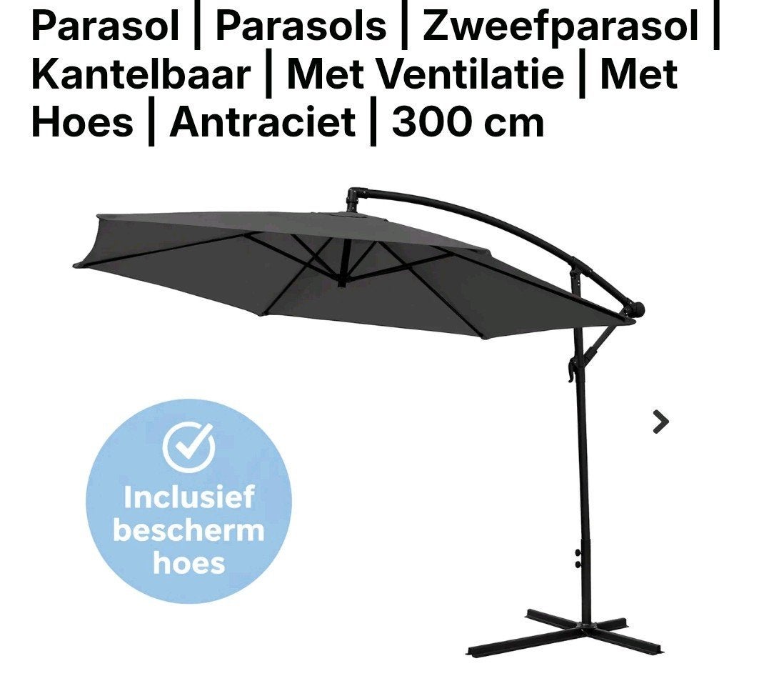 Zweefparasol Antraciet 300 cm Kantelbaar met Hoes, Ophalen, Verstelbaar, Nieuw, 2 tot 3 meter