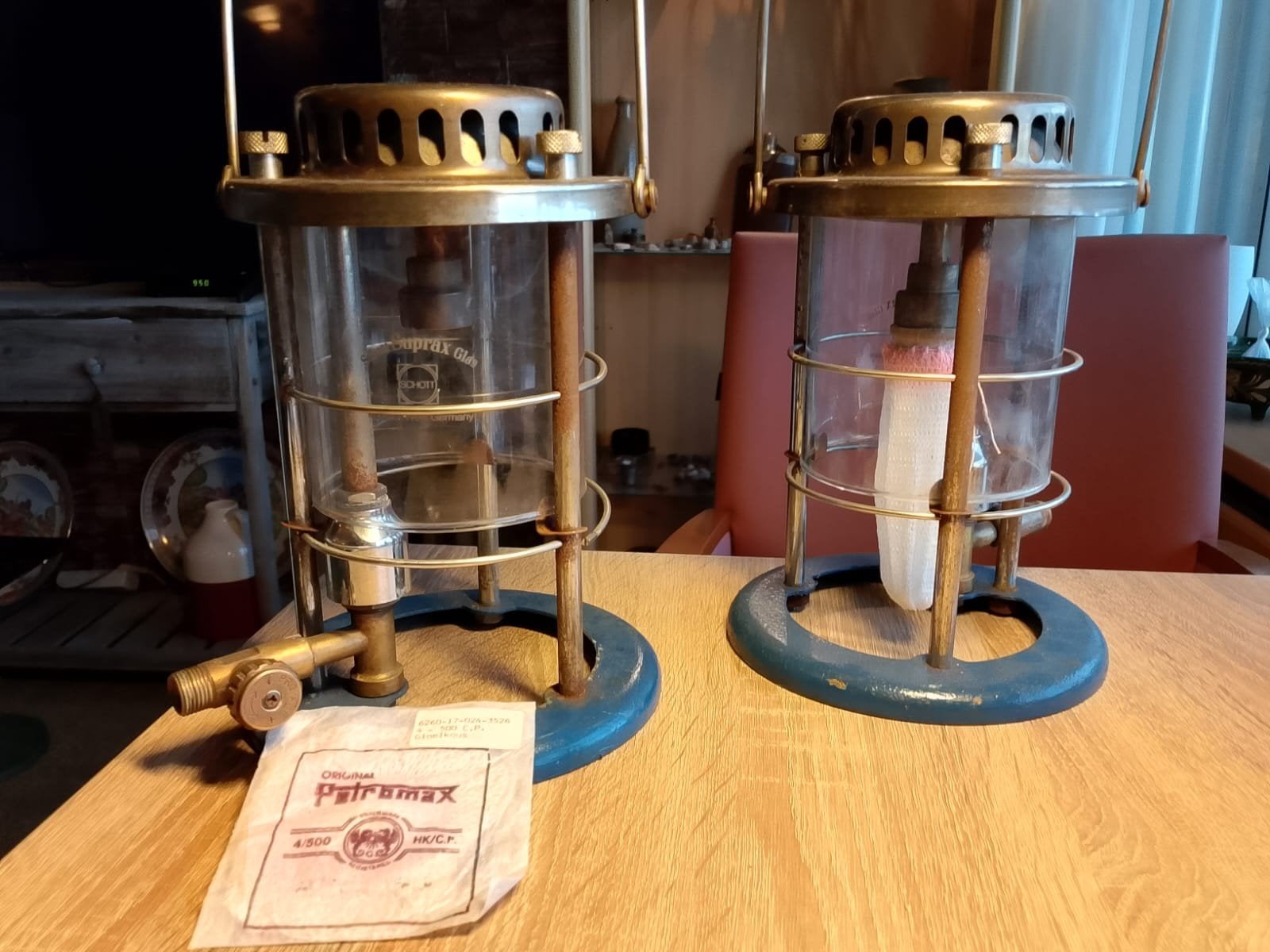 2x Petromax HK500 petroleum druklampen – Schott Suprax, Ophalen of Verzenden