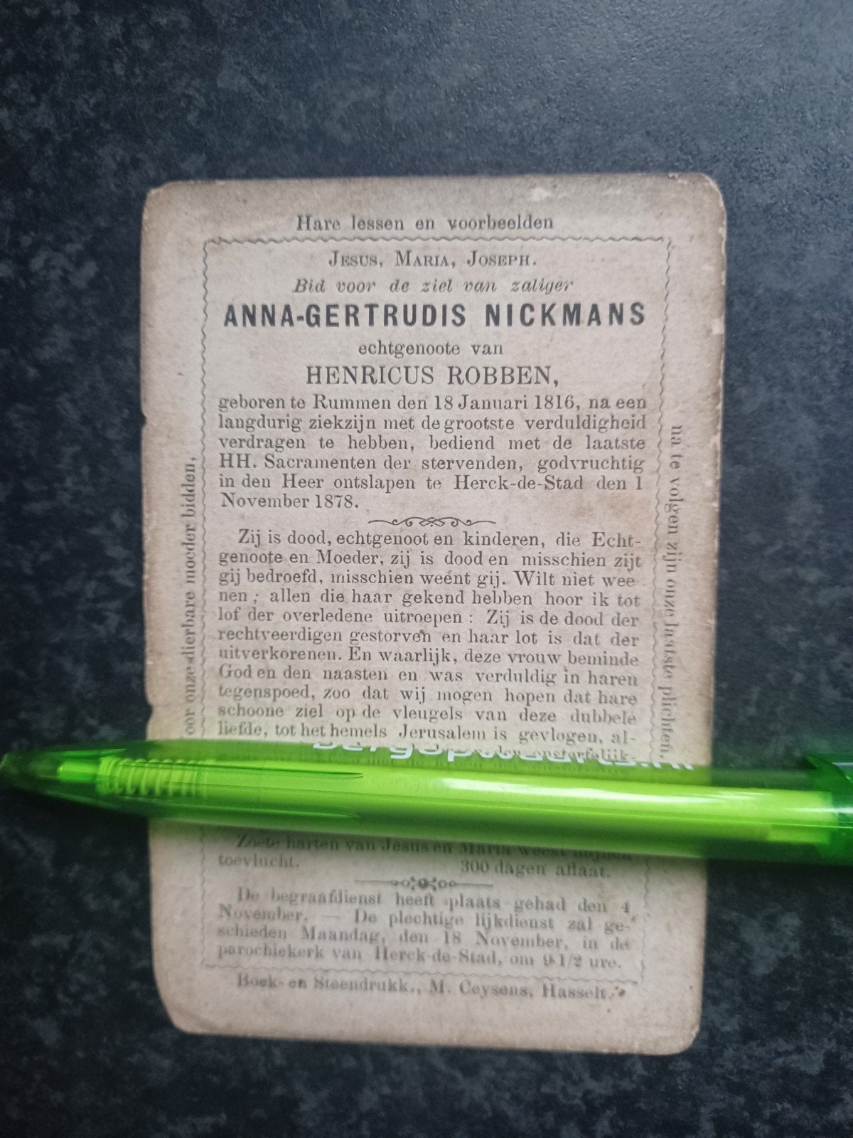 Bidprentje Rummen Anna Nickmans 1816 1878, Ophalen, Bidprentje