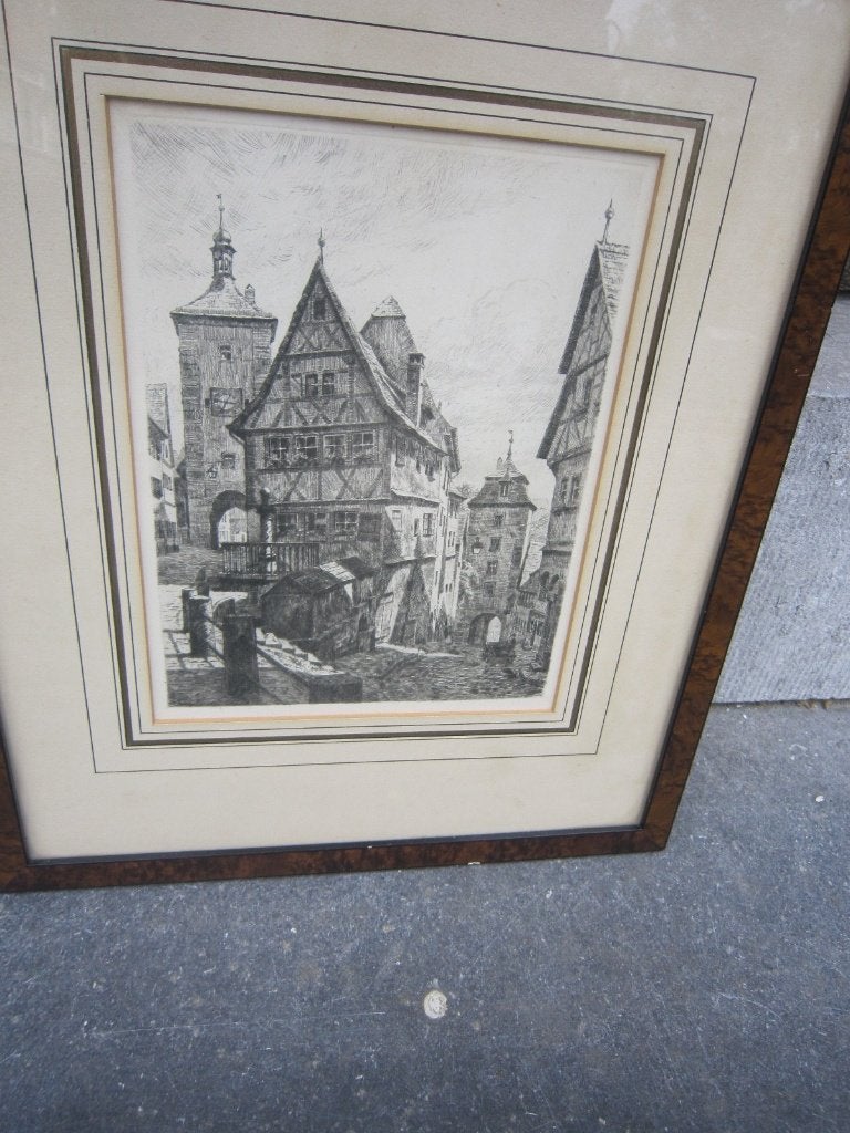Rothenburg (dld.)Mooie Houtsnede/Litho Heiner Kramer ?, Antiek en Kunst, Ophalen, Stadsgezicht, Houtsnede, 1950 - 1999