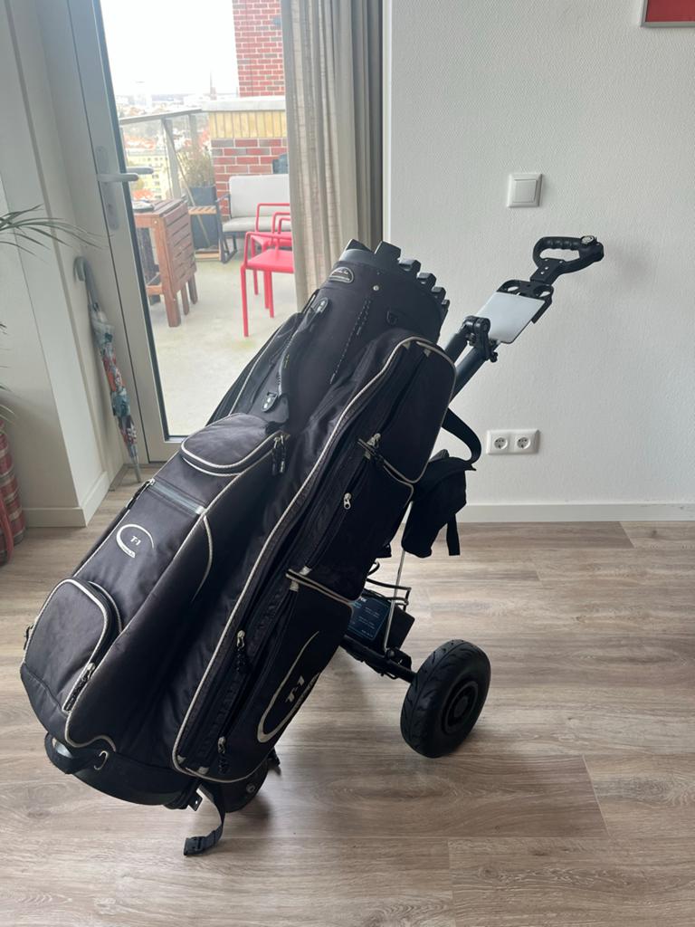 Golfset met elektrische golftrolley (zonder accu), Sport en Fitness, Golf, Ophalen, Gebruikt, Set, Overige merken