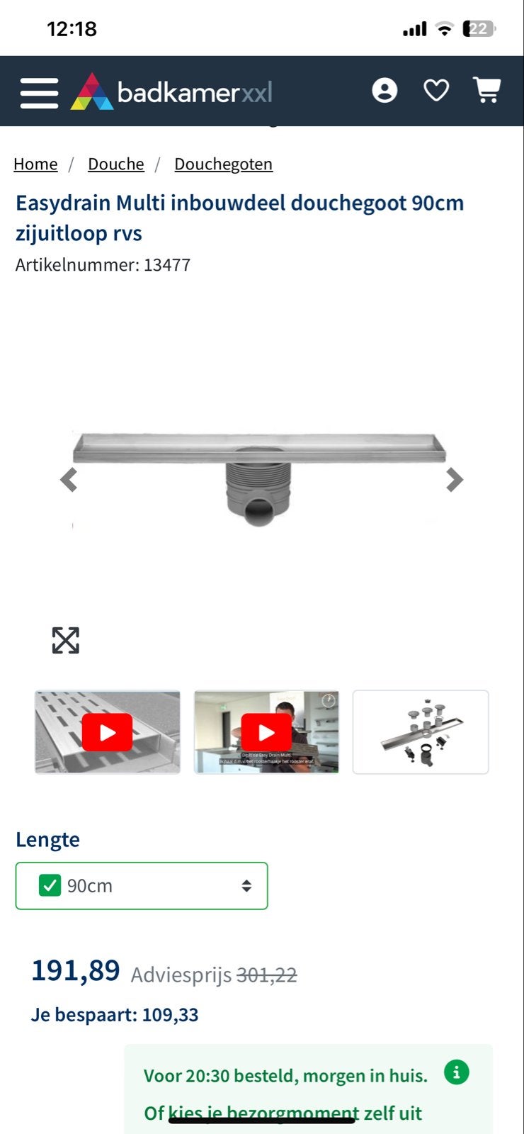 Easydrain Multi inbouwdeel douchegoot 90cm zijuitloop rvs, Ophalen of Verzenden, Nieuw, Rvs, Douche