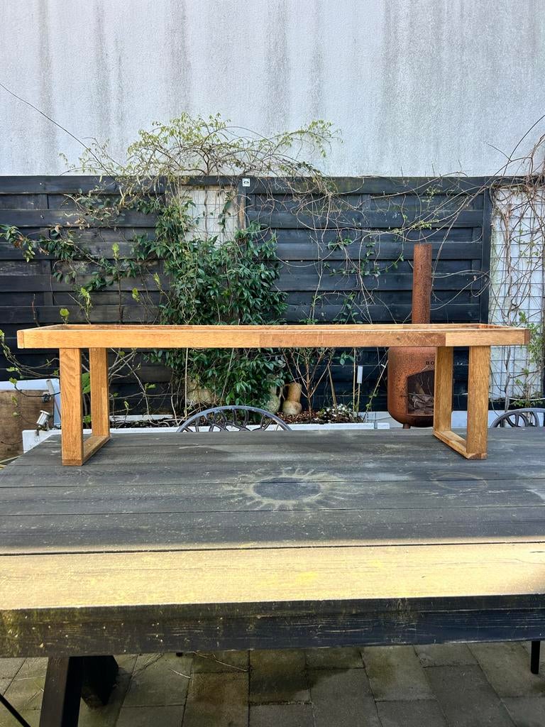 Langwerpige houten sidetable - plantentafel/schoenenrek, Ophalen, Gebruikt, 100 tot 150 cm, Overige houtsoorten