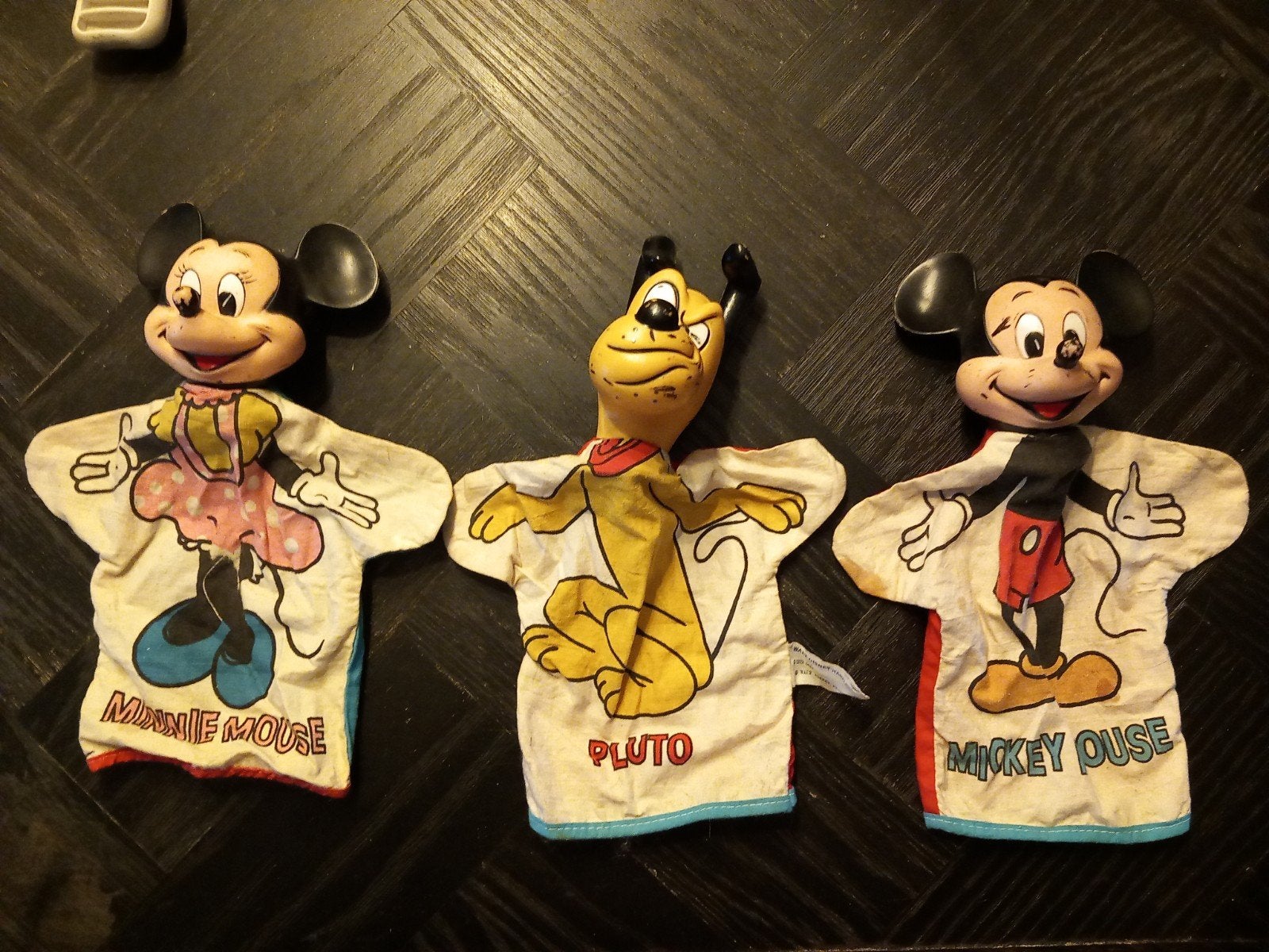 Vintage Disney handpoppen: Mickey, Minnie en Pluto, Knuffel, Gebruikt, Disney, Onbekend