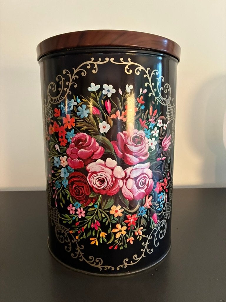 Vintage voorraad blik groot bruin bloemen veel kleurig, Verzamelen, Blikken, Ophalen of Verzenden, Zo goed als nieuw, Overige