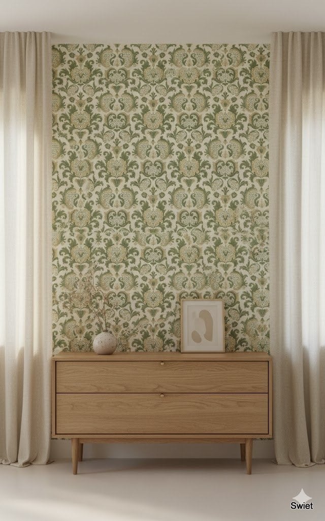 14226 vintage barok behang in groen met rustige sfeer swiet, Ophalen of Verzenden