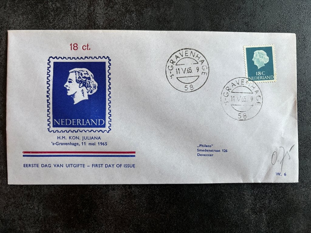 FDC Philato W6 18 cent Koningin Juliana 1965, Ophalen of Verzenden, Beschreven, Nederland