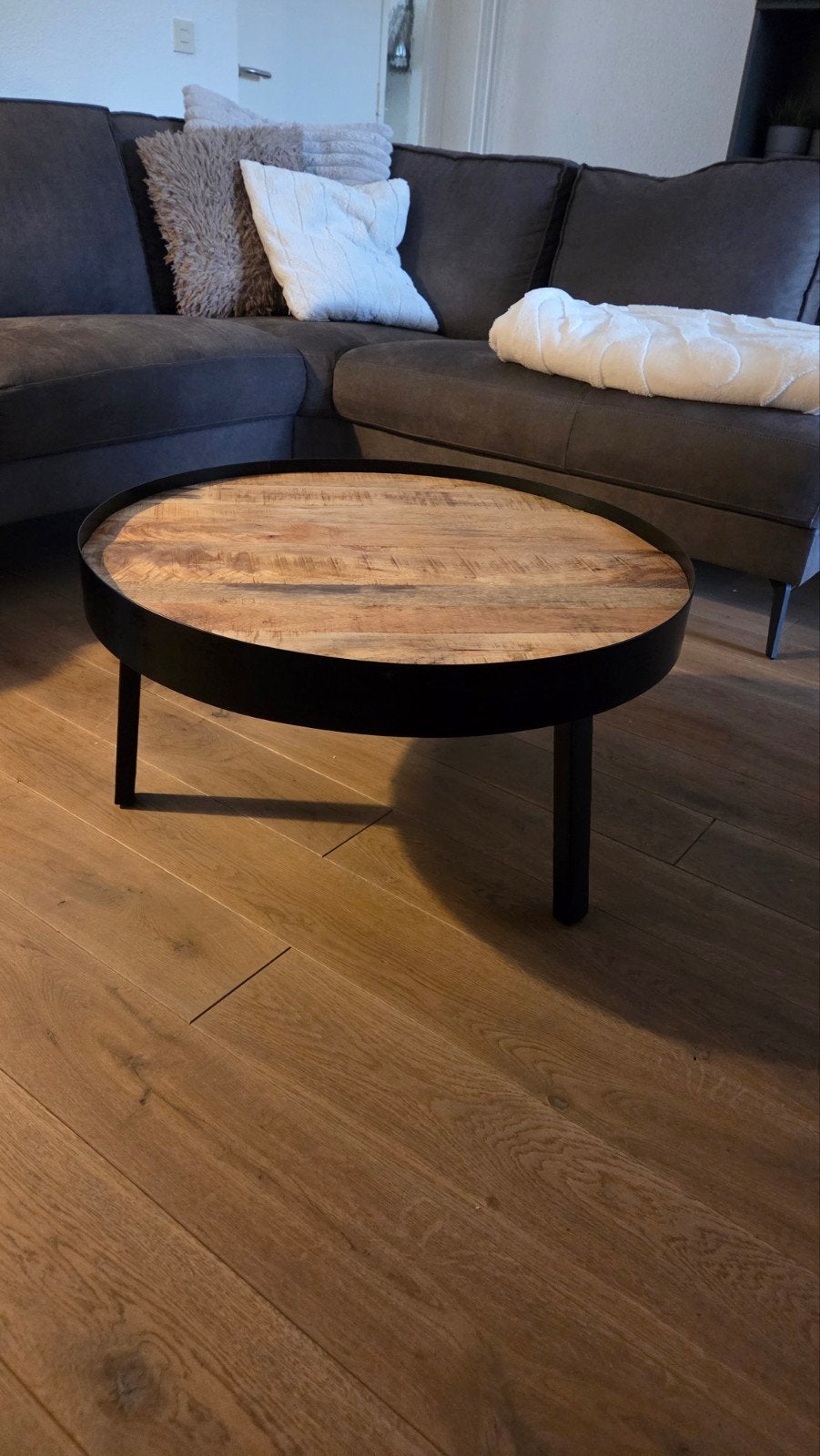 tafel hout met staal, Huis en Inrichting, Ophalen, 50 – 75, 50 tot 100 cm, Rond