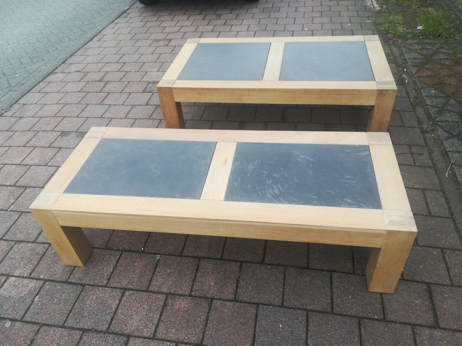 Massief eiken salontafel met leistenen blad, Huis en Inrichting, 100 tot 150 cm, Overige materialen, Minder dan 50 cm, Rechthoekig
