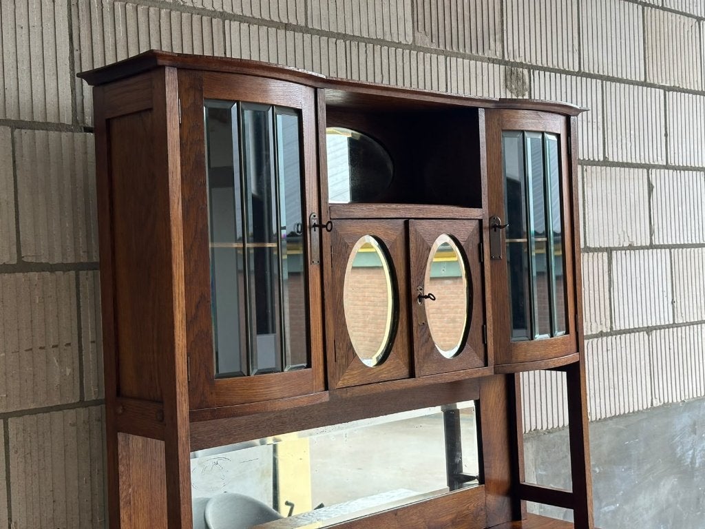 Antieke eiken buffetkast met spiegelopbouw, jugendstil, Ophalen