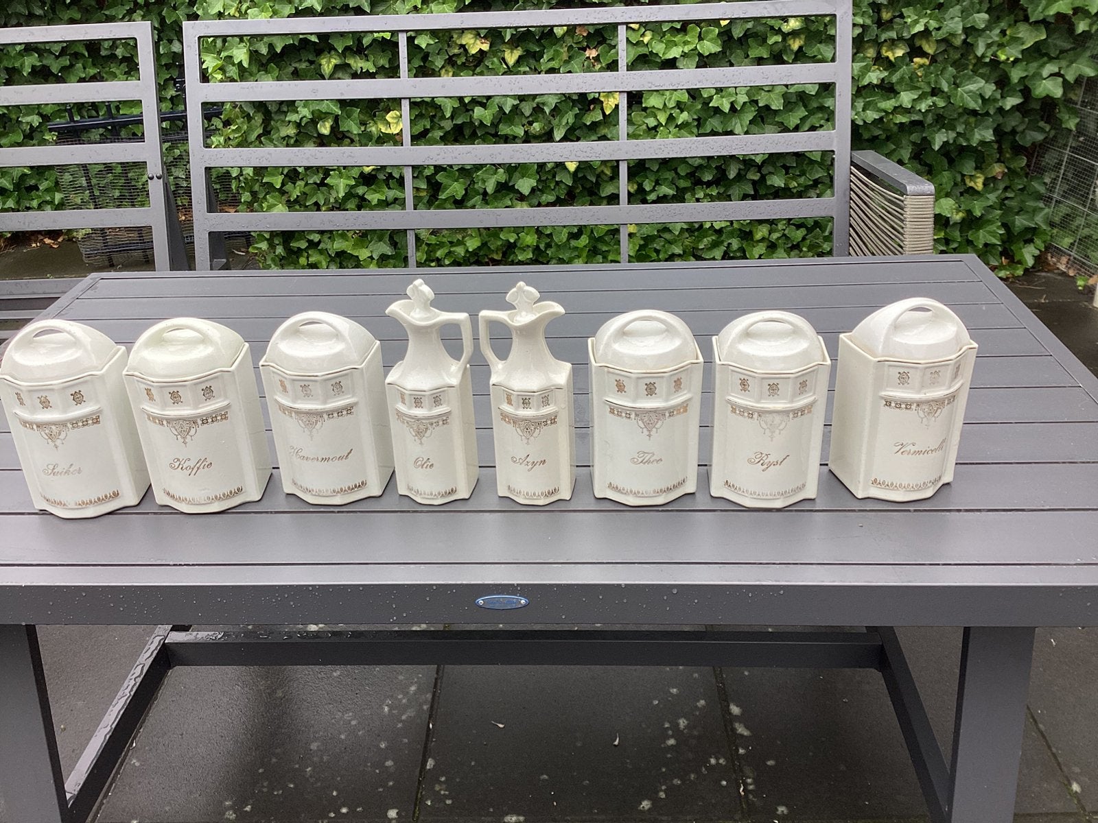 Antieke voorraadpotten set - 6 potten en 2 kannetjes, Ophalen of Verzenden