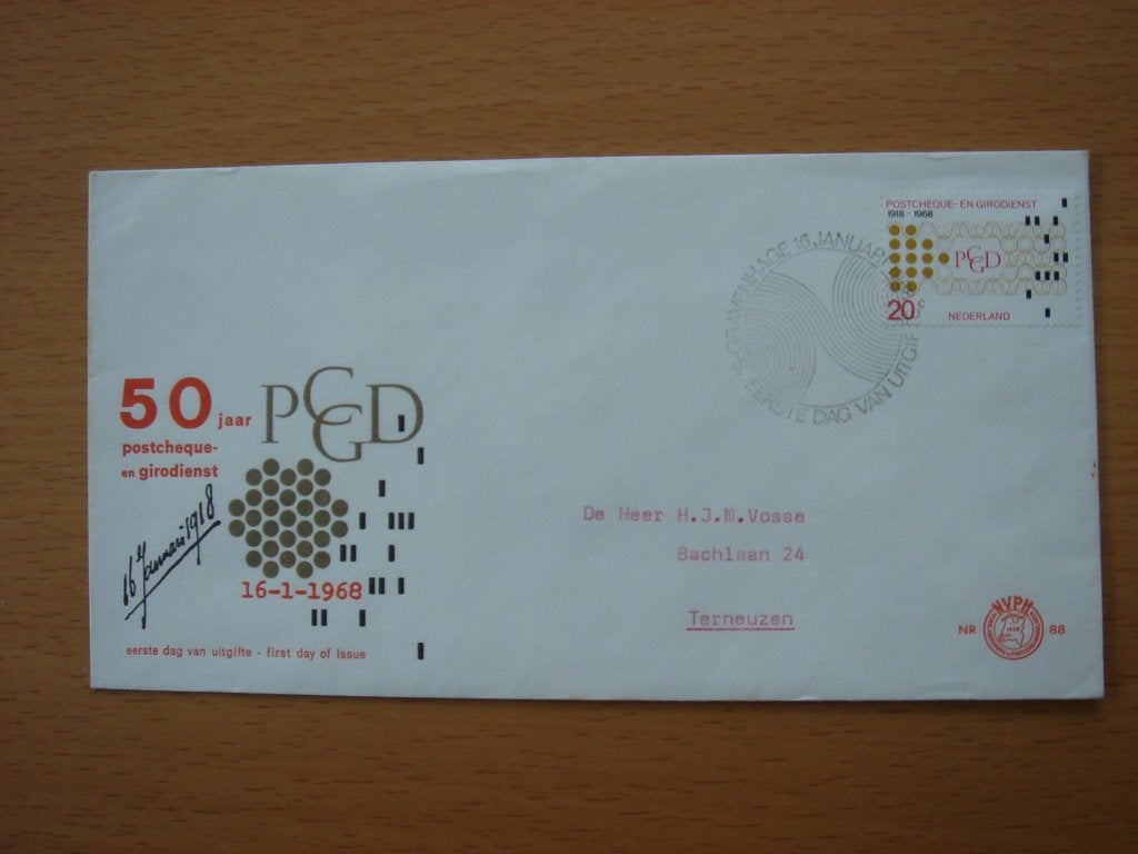 NVPH E88 1e DagEnveloppe 1968 Postcheque- en Girodienst 1918, Ophalen of Verzenden, Beschreven, Nederland