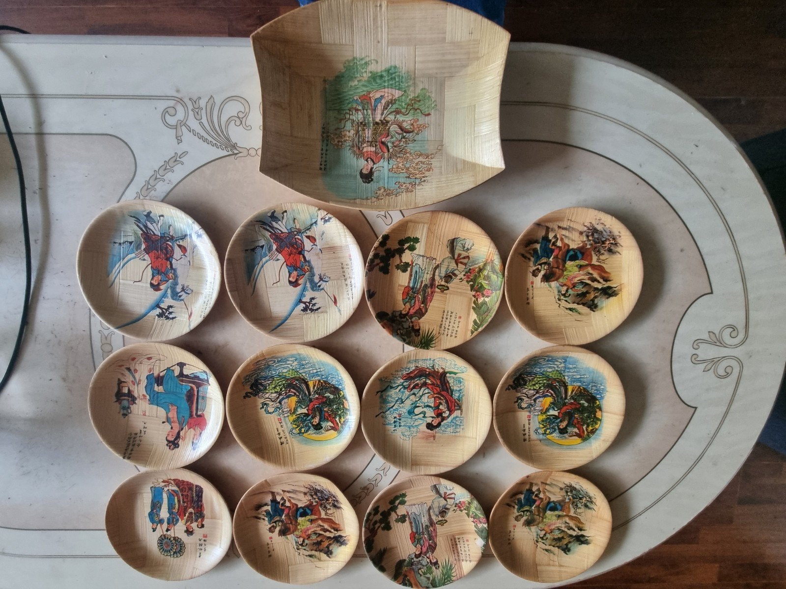 Set van 13 bamboe borden met Aziatische afbeeldingen, Ophalen of Verzenden