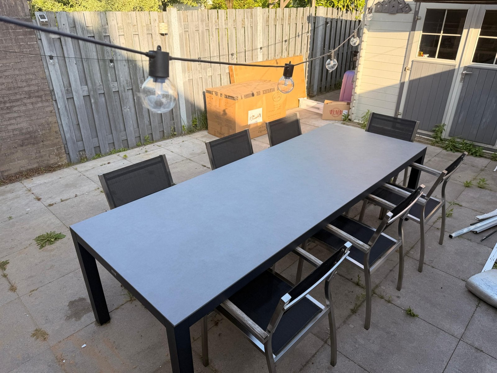 Composiet tuintafel (2.70x1m) met 7 stoelen, Tuin en Terras, Ophalen, Overige materialen, Gebruikt, Eettafel