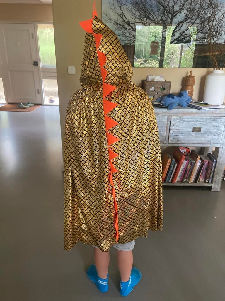 Gouden draken cape met schubben en stekels, Ophalen of Verzenden, Gebruikt, 110 t/m 116, Jongen of Meisje