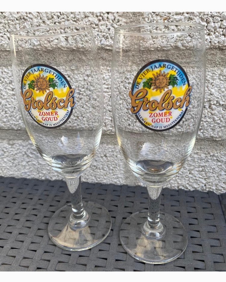 2 Grolsch zomer goud bierglazen op voet. De 4 jaargetijden., Ophalen of Verzenden, Zo goed als nieuw, Glas of Glazen, Grolsch