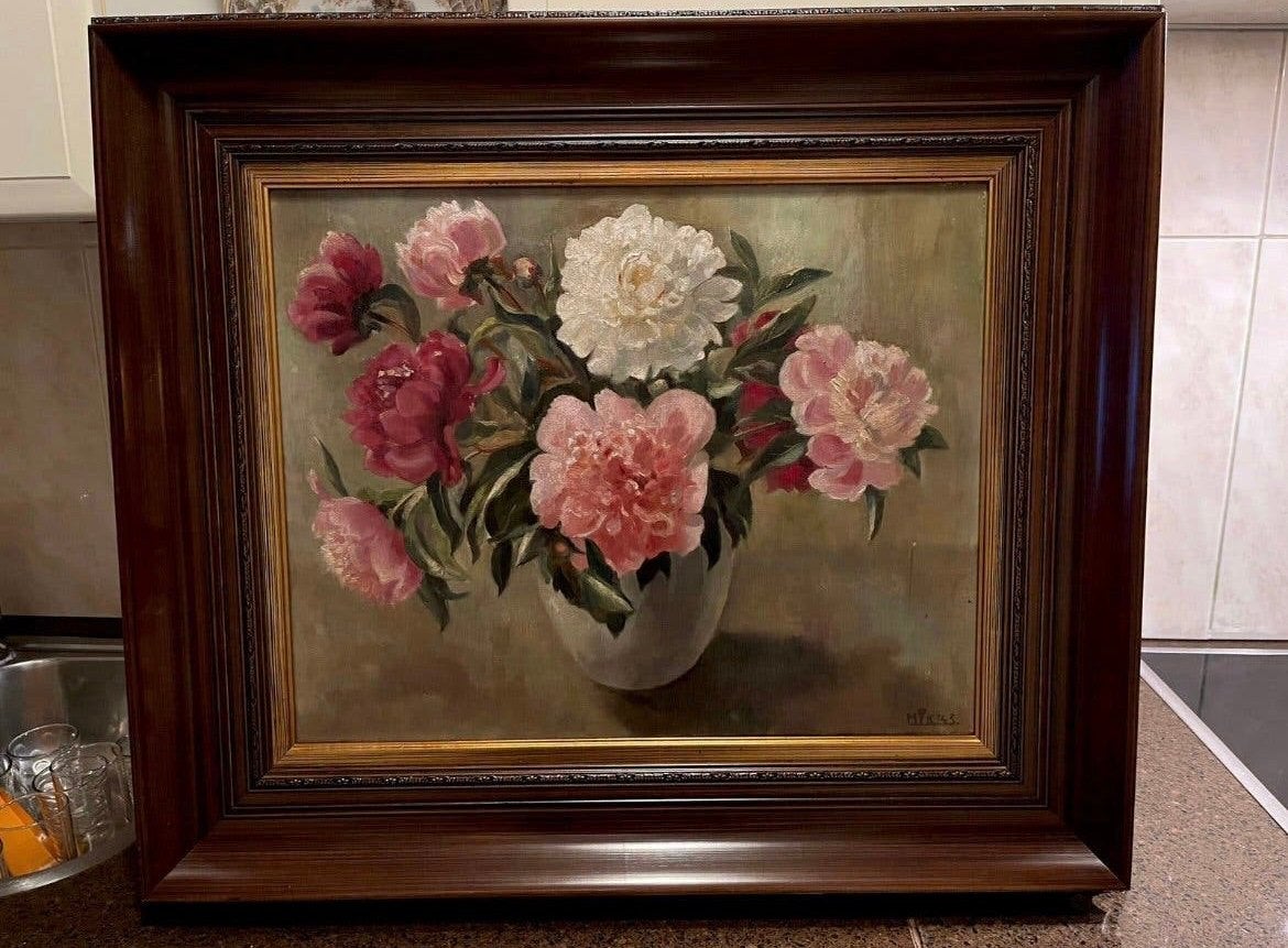 Antiek olieverf bloemen stilleven schilderij, Ophalen
